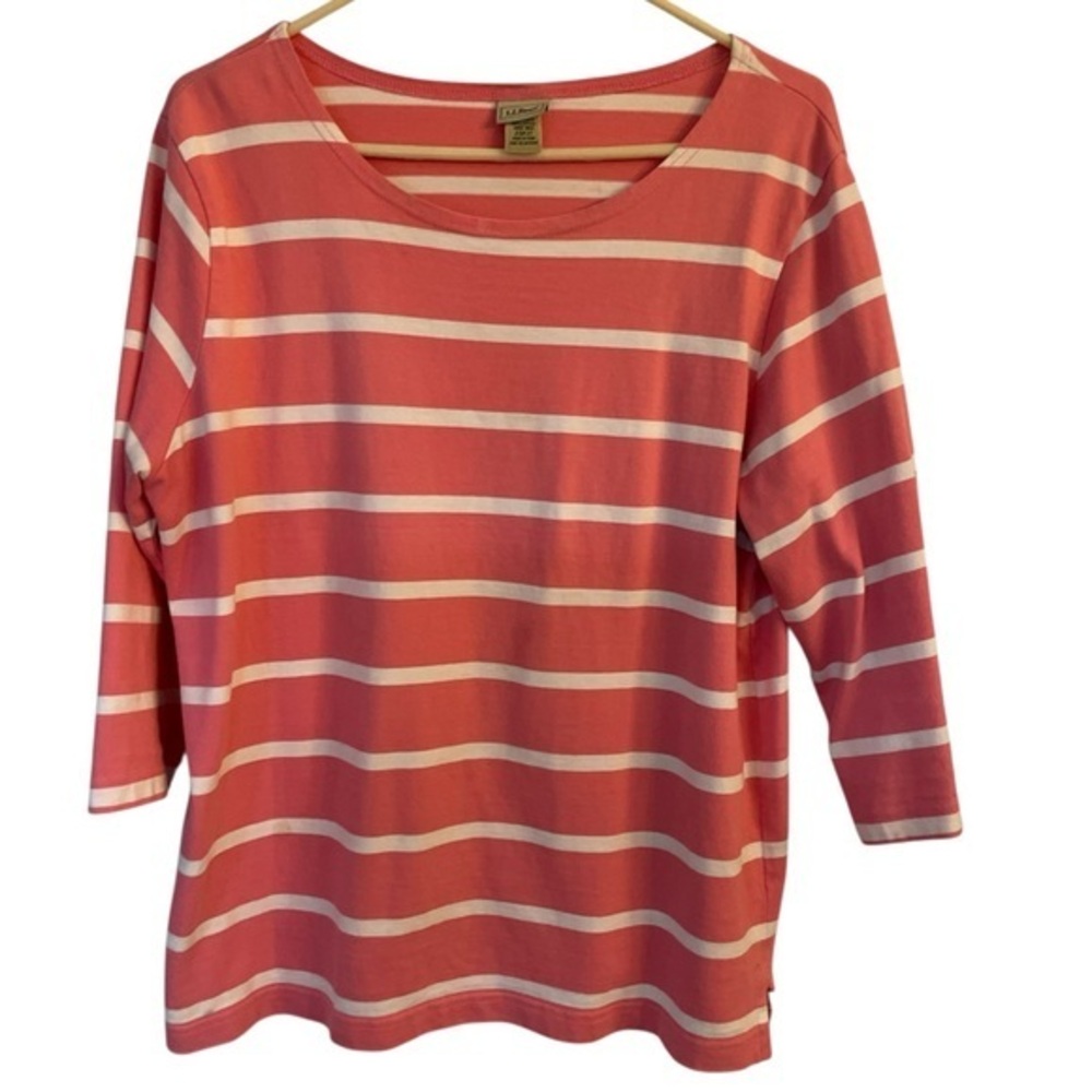 Ll Bean Coral Pink and White Striped 3/4 sleeved Cotton top size Medium - Picture 2 of 5